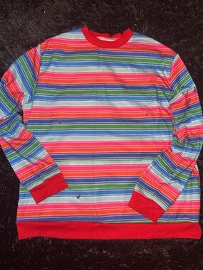 Men's Multicolor Striped Crewneck Sweater with Red Trim